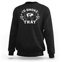 Black sweatshirt with white pig BBQ “Smoke That” graphic on front