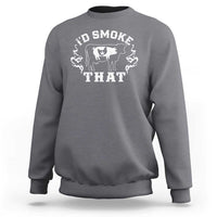 Charcoal gray sweatshirt with white pig BBQ “Smoke That” graphic on front