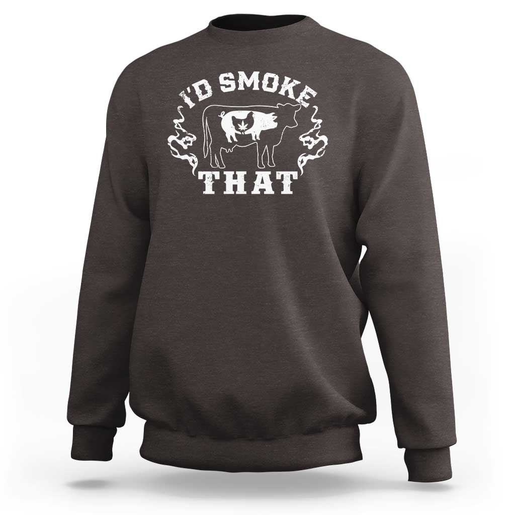 Dark chocolate sweatshirt with white pig BBQ “Smoke That” graphic on front