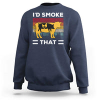 Navy crewneck pullover sweatshirt with 'I'D SMOKE THAT' graphic on back