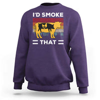 Purple crewneck pullover sweatshirt with 'I'D SMOKE THAT' graphic on back