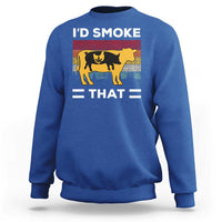 Royal blue crewneck pullover sweatshirt with 'I'D SMOKE THAT' graphic on back