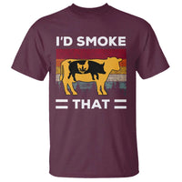 Maroon T-shirt with “I’D SMOKE THAT” text and retro bull graphic on chest