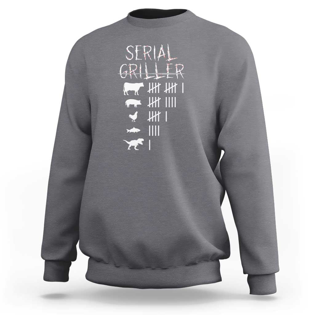Charcoal gray sweatshirt with 'Serial Griller' graphic and grill-themed cow icons