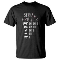 Black T-shirt with white "Serial Griller" graphic and pig lineup on front