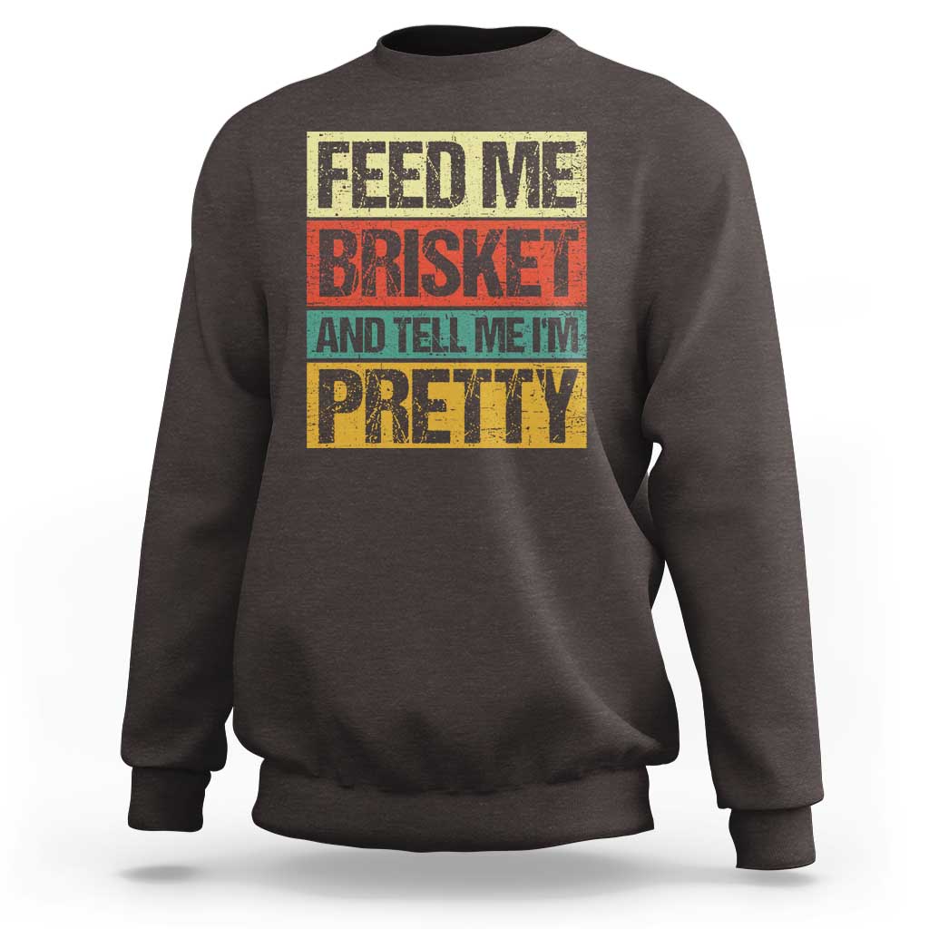 Dark chocolate BBQ graphic crewneck sweatshirt, 'FEED ME BRISKET' print