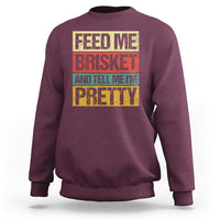 Maroon BBQ graphic crewneck sweatshirt, 'FEED ME BRISKET' print