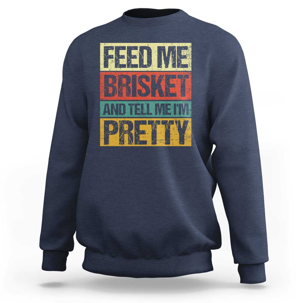 Navy BBQ graphic crewneck sweatshirt, 'FEED ME BRISKET' print