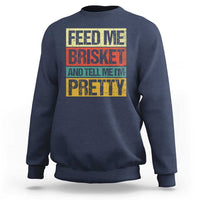 Navy BBQ graphic crewneck sweatshirt, 'FEED ME BRISKET' print