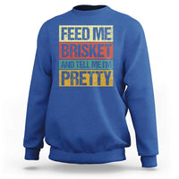 Royal blue BBQ graphic crewneck sweatshirt, 'FEED ME BRISKET' print