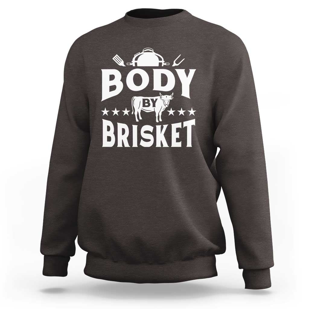 Dark chocolate brown crewneck BBQ sweatshirt with large “BODY BY BRISKET” graphic