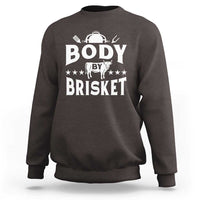Dark chocolate brown crewneck BBQ sweatshirt with large “BODY BY BRISKET” graphic