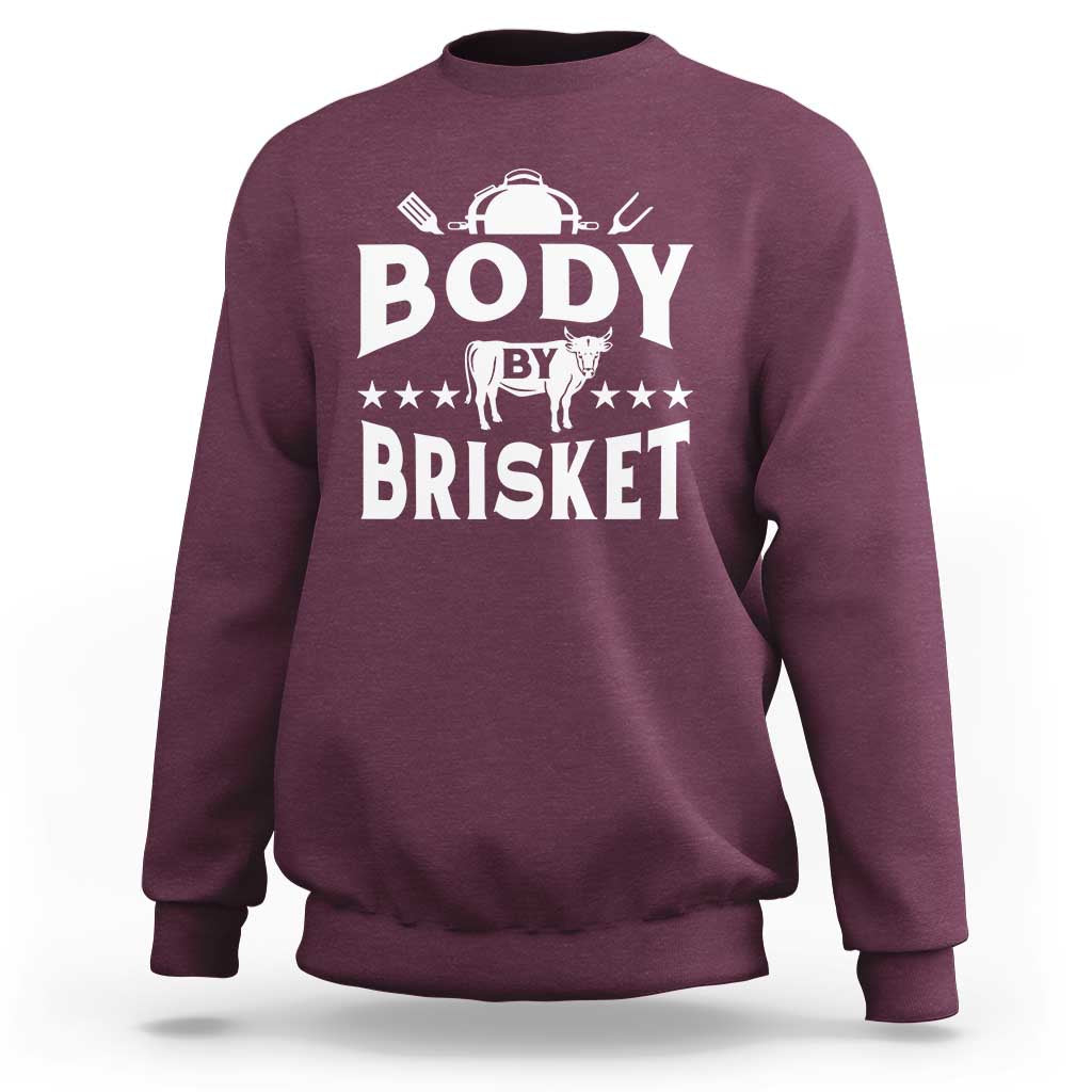 Maroon crewneck BBQ sweatshirt with large “BODY BY BRISKET” graphic on chest