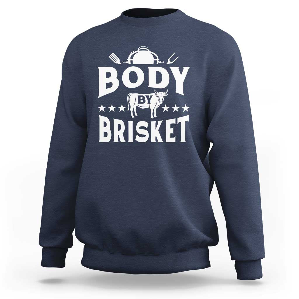 Navy crewneck BBQ sweatshirt with large “BODY BY BRISKET” graphic on chest