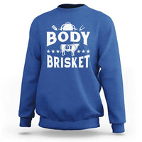 Royal blue crewneck BBQ sweatshirt with large “BODY BY BRISKET” graphic on chest