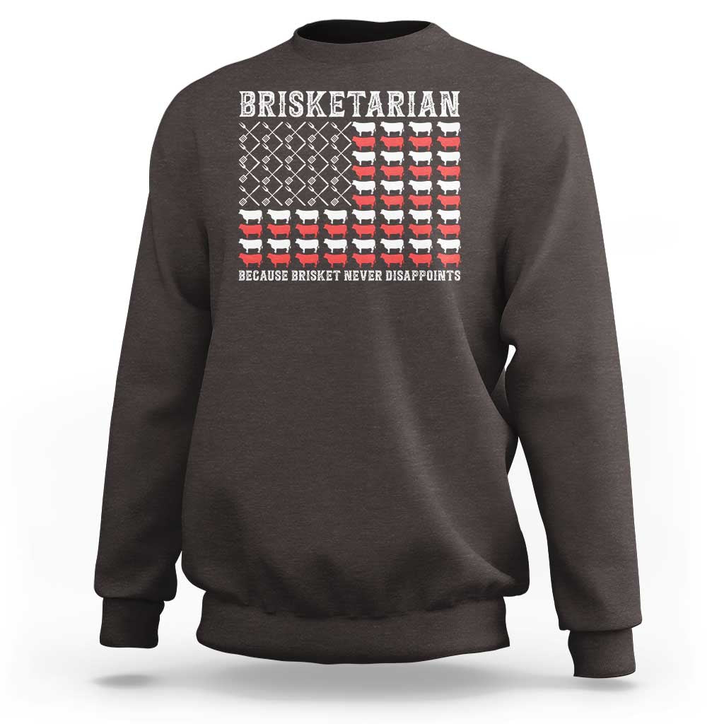 Dark chocolate brown sweatshirt with 'BRISKETARIAN' front graphic and ribbed cuffs