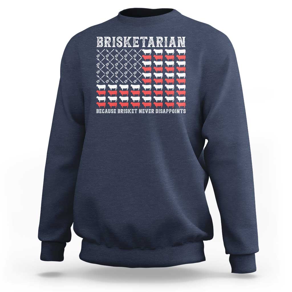 Navy sweatshirt with 'BRISKETARIAN' front graphic and ribbed cuffs