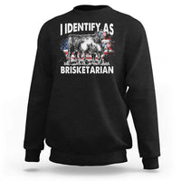 Black sweatshirt with 'IDENTIFY AS BRISKETARIAN' bull graphic and flag collage