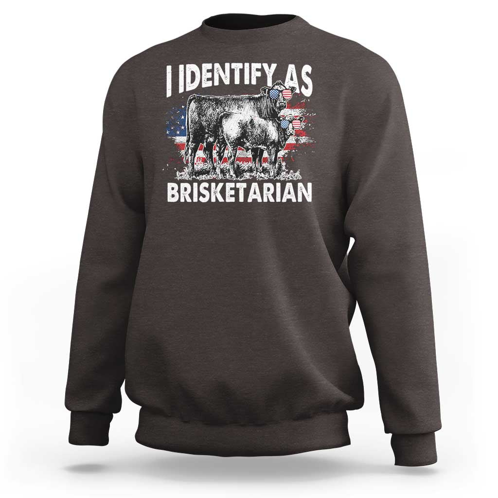 Dark chocolate brown sweatshirt with 'IDENTIFY AS BRISKETARIAN' bull graphic and flag collage