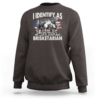 Dark chocolate brown sweatshirt with 'IDENTIFY AS BRISKETARIAN' bull graphic and flag collage
