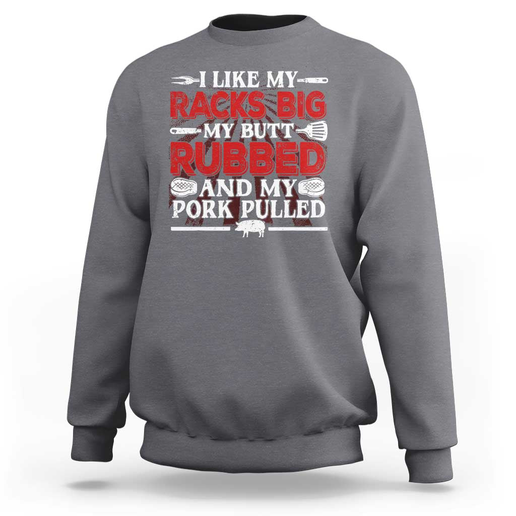 Charcoal crewneck sweatshirt with BBQ pitmaster slogan graphic on back
