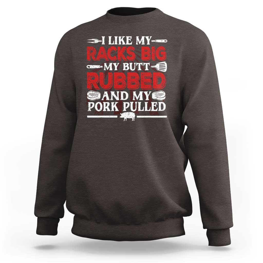 Military green crewneck sweatshirt with BBQ pitmaster slogan graphic on back