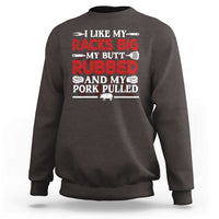 Military green crewneck sweatshirt with BBQ pitmaster slogan graphic on back