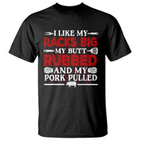 Black BBQ pitmaster T-shirt with 'I Like My Racks Big' graphic in red and white