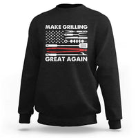 Black crewneck sweatshirt with grilling tool graphic and “Make Grilling Great Again” text