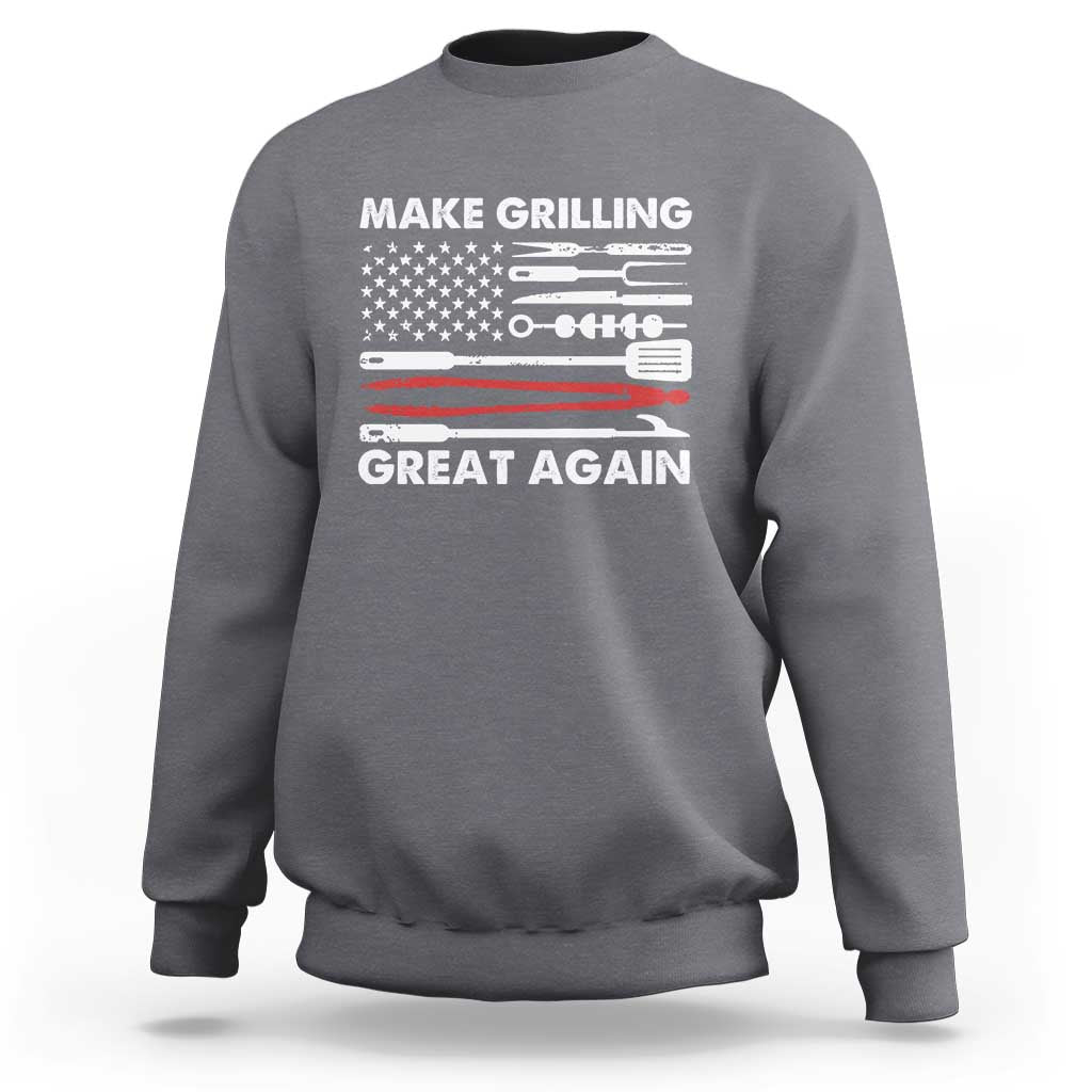 Charcoal gray crewneck sweatshirt with grilling tool graphic and “Make Grilling Great Again” text