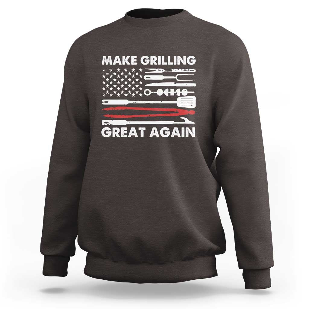 Dark brown crewneck sweatshirt with grilling tool graphic and “Make Grilling Great Again” text