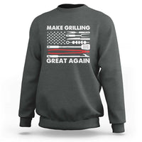 Gray crewneck sweatshirt with grilling tool graphic and “Make Grilling Great Again” text