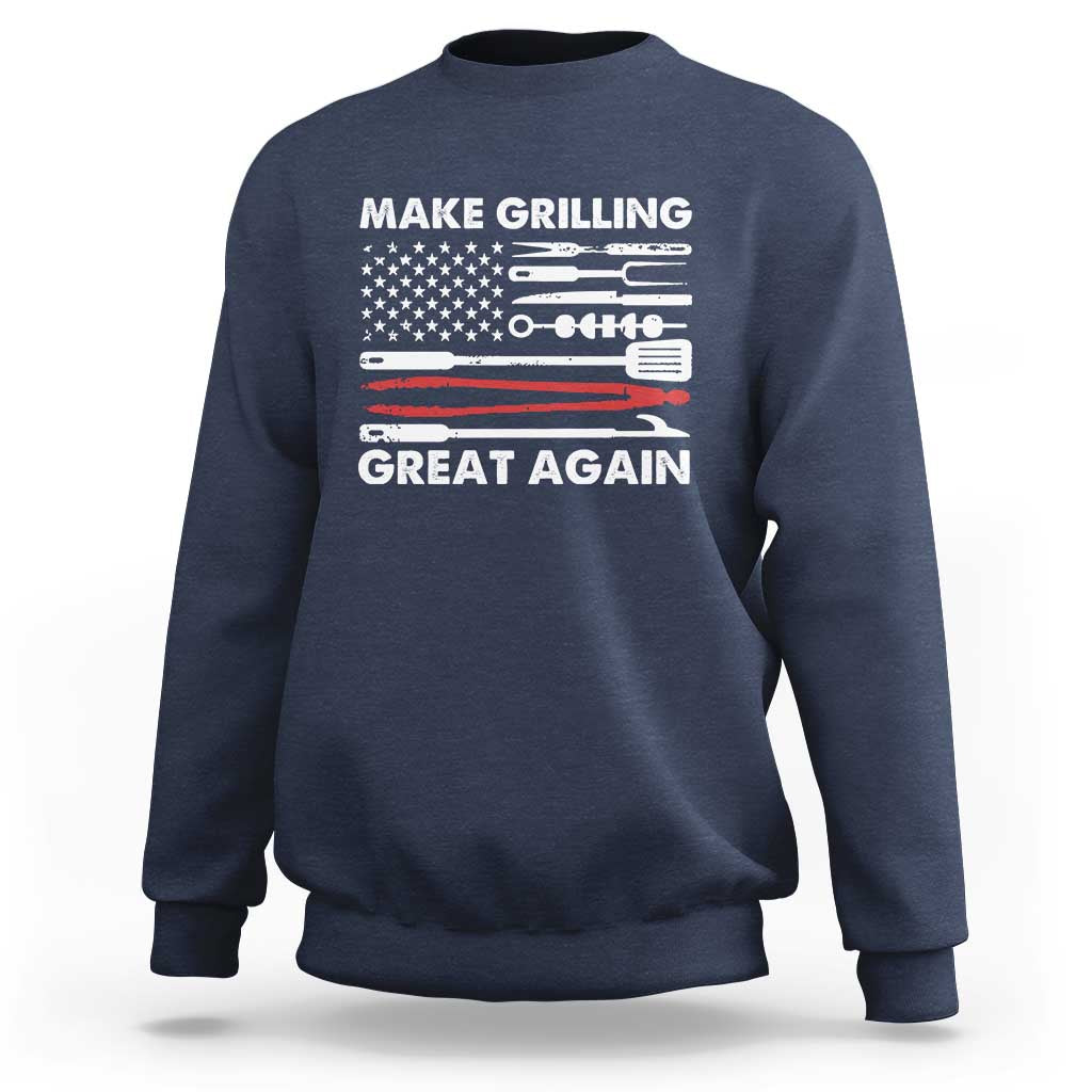 Navy crewneck sweatshirt with grilling tool graphic and “Make Grilling Great Again” text