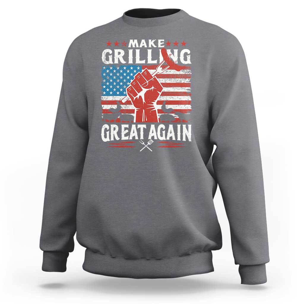 Gray crewneck sweatshirt with front grilling slogan graphic and American flag design