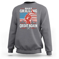 Gray crewneck sweatshirt with front grilling slogan graphic and American flag design