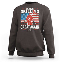 Dark brown crewneck sweatshirt with front grilling slogan graphic and American flag design