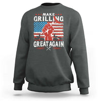 Dark heather gray crewneck sweatshirt with front grilling slogan graphic and American flag