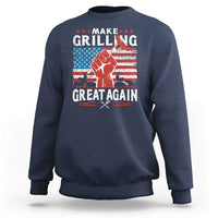 Navy crewneck sweatshirt with front grilling slogan graphic and American flag design