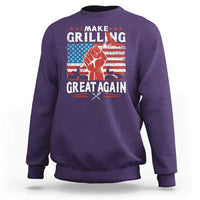 Purple crewneck sweatshirt with front grilling slogan graphic and American flag design