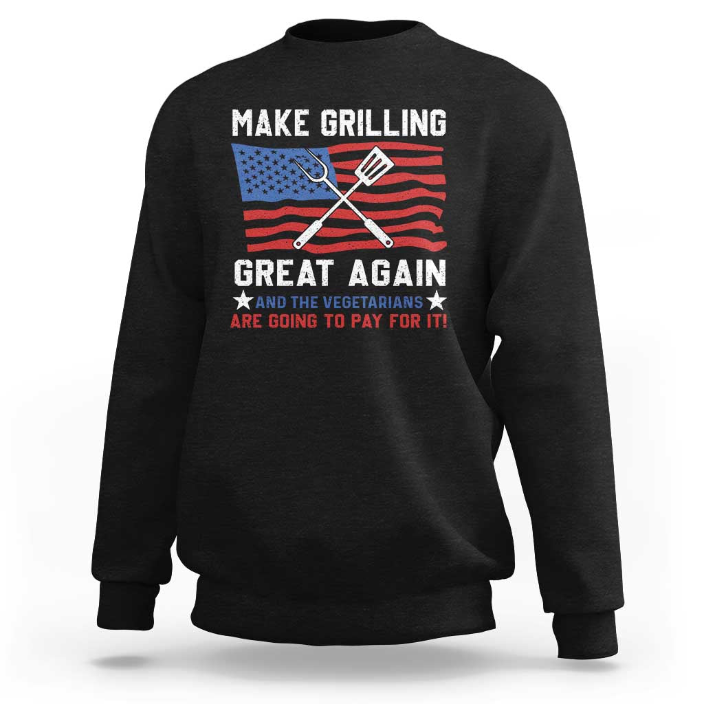 Black crewneck sweatshirt with grilling-themed graphic and slogan print on front