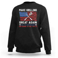 Black crewneck sweatshirt with grilling-themed graphic and slogan print on front