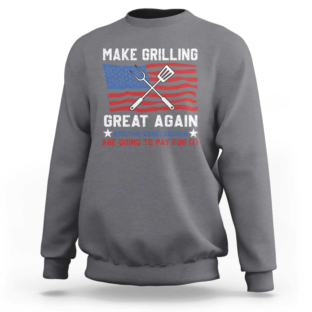 Charcoal crewneck sweatshirt with grilling-themed graphic and slogan print on front