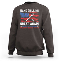 Dark chocolate crewneck sweatshirt with grilling-themed graphic and slogan print on front
