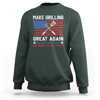 Dark forest green crewneck sweatshirt with grilling-themed graphic and slogan print on front