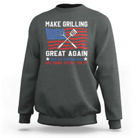 Dark heather crewneck sweatshirt with grilling-themed graphic and slogan print on front