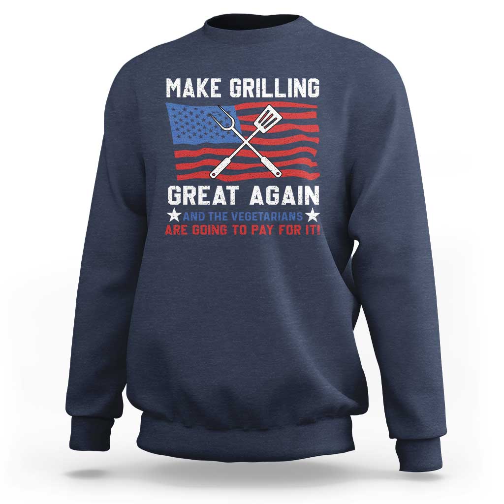 Navy crewneck sweatshirt with grilling-themed graphic and slogan print on front