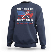 Navy crewneck sweatshirt with grilling-themed graphic and slogan print on front