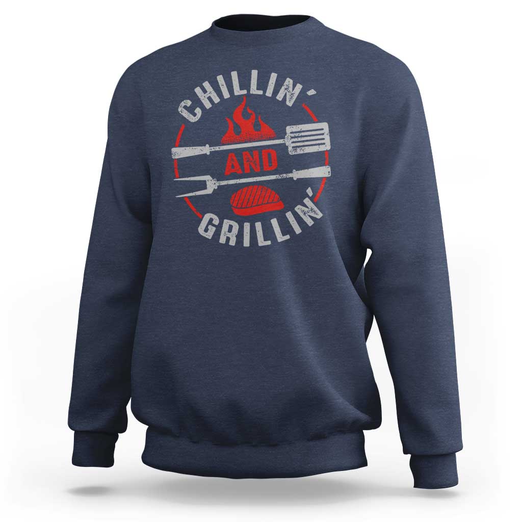 Navy crewneck sweatshirt with long sleeves and back BBQ grill graphic print