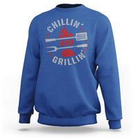 Royal blue crewneck sweatshirt with long sleeves and back BBQ grill graphic print