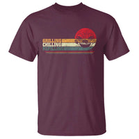 Maroon T-shirt with grill-themed graphic featuring red burger and text: Grilling, Chilling